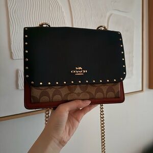 Coach Klare Black Leather & Signature Canvas Chain Crossbody with rivets
